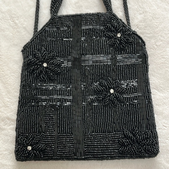 Vintage Unbranded Womens Art Deco Micro Beaded Hand Bag Black Rhinestone Accents - Picture 1 of 11